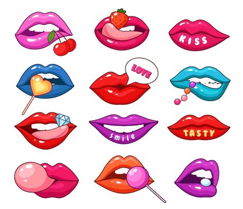 premium vector lips patches fashionable cartoon girl lip blue pink