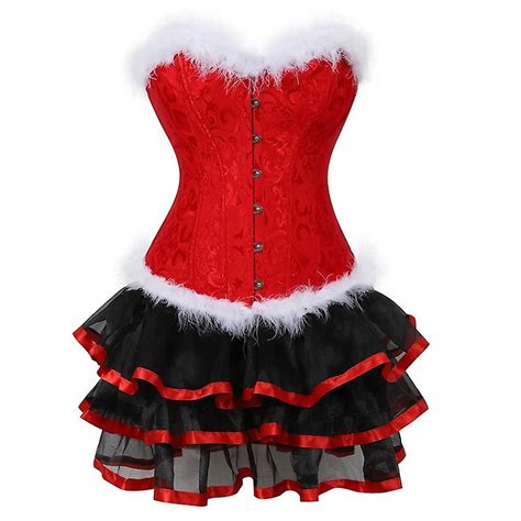 Christmas Santa Corset Dress Overbust Bustier Skirt Set Corselet
