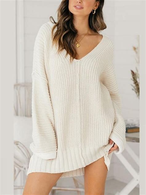 Loose V Neck Long Sleeve Knit Sweater Shift Dresses Clothingi Casual