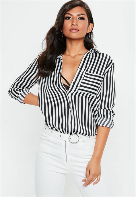 Missguided White And Black Striped Pocket Front Shirt Womens Tops