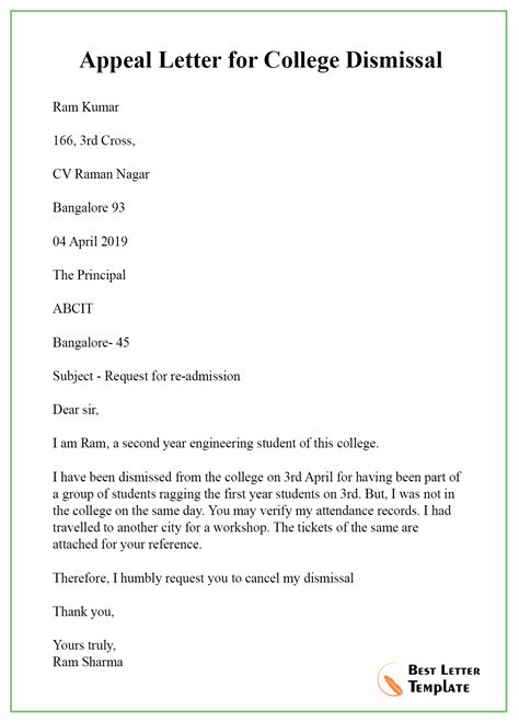 sample appeal letter  college dismissal  letter template