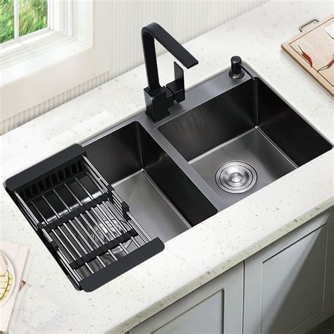 black kitchen sink double handmade stainless steel seamless welding