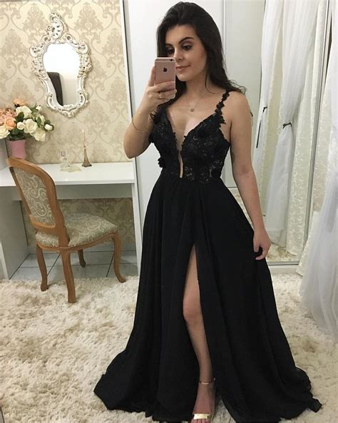 sheer plunging neck prom dresses black chiffon prom dress with split