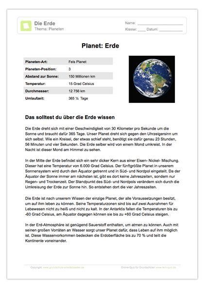 arbeitsblatt lesetext planet erde   planeten planet erde