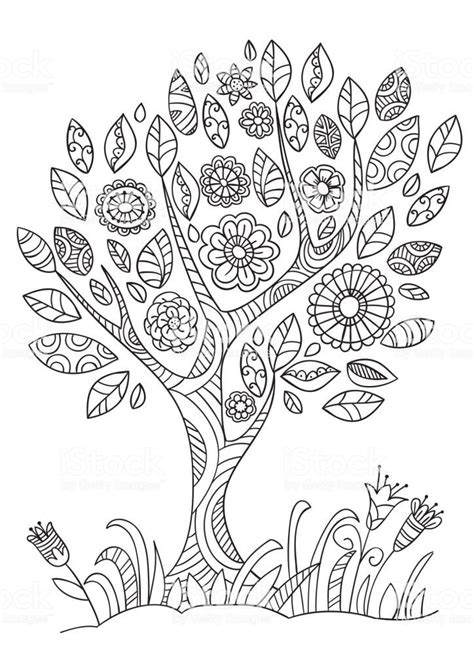 coloring book page  flowering tree  doodle style hand drawn