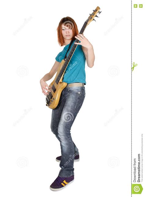 Girl Playing Bass Guitar Full Body Isolated Royalty Free