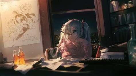 anime girl hatsune miko studying vocaloid   wallpaper