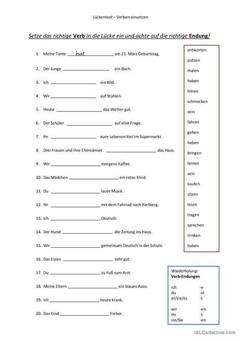 verbkonjugation lueckentext allgeme english esl worksheets