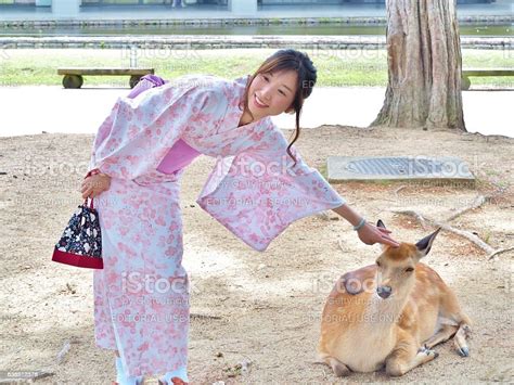 Beautiful Woman In Japanese Traditional Dress Play With Deer Stock