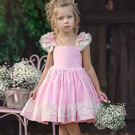 pink princess dress kids dress  girl ruffle sleeves  lace  dresses  mother