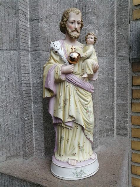 circa  groot  cm porselein bisque heilig beeld jozef met kindje jezus statue