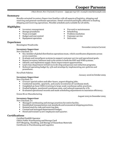 professional inventory supervisor resume examples