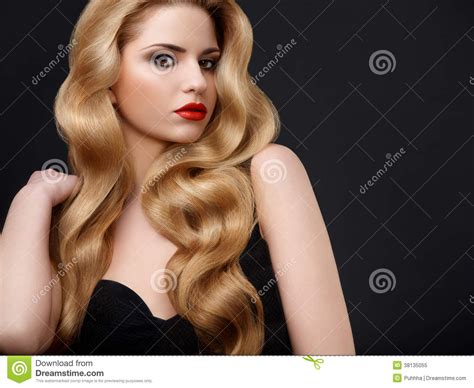 Blonde Hair Portrait Of Beautiful Woman With Long Wavy Hair Stock