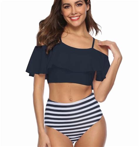 Home Cal Women Two Piece Bathing Suit Off Shoulder Swimsuit Ruffled Top
