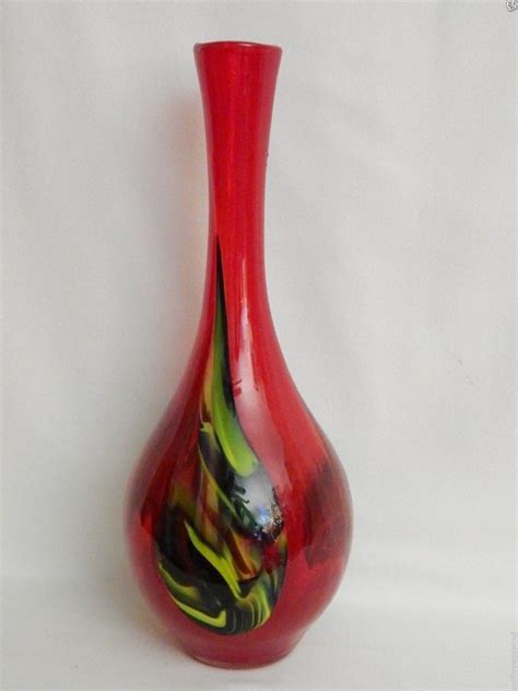 Artisan Art Glass Vase Red With Color Swirl Design 14 5 Tall Art