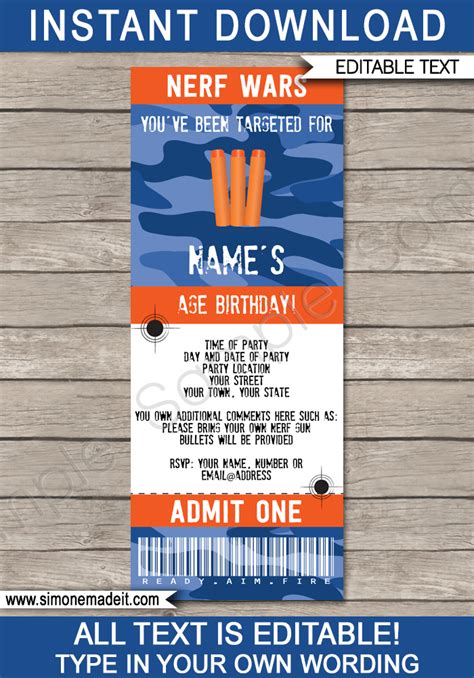 nerf party ticket invitation template printable nerf wars invite