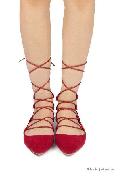 Faux Suede Pointy Toe Strappy Ballet Ballerina Lace Up Flats Red Lace
