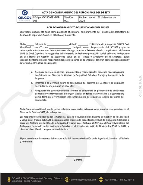 Oc Sgige For 008 Acta De Nombramiento Responsable Sgsst Acta De