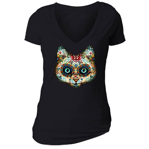 Sugar Skull Day Of The Dead Cat T Shirt Pussy Kitty Mexican Gothic Dia