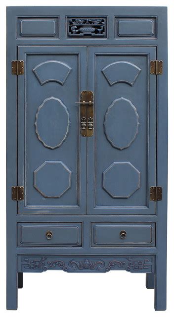 chinese distressed gray blue lacquer tall armoire storage