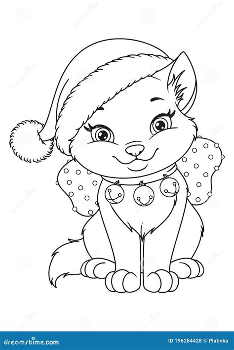 christmas cat  santa hat coloring page black  white cartoon
