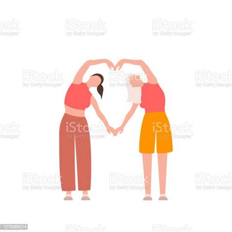 Two Lesbians Show Heart Symbol With Their Hands Romantic Couple On