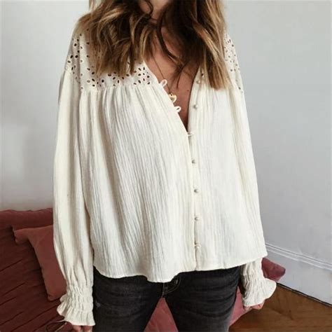 women s fashion openwork single breasted long sleeved loose shirts
