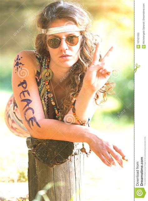 Pretty Free Hippie Girl Peace Body Painting Vintage Photo Effect