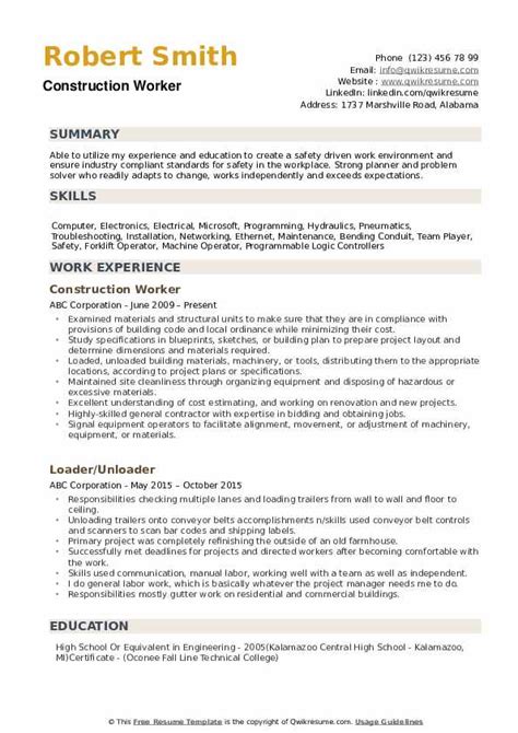 construction worker resume template