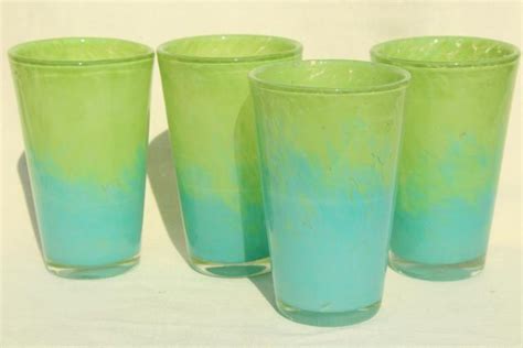 Vintage Mexican Glass Tumblers Hand Blown Glass Blue Green Confetti