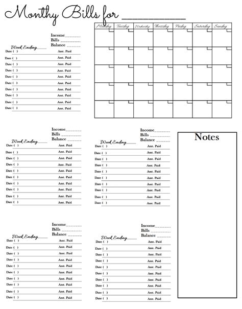 blank monthly bill payment sheet template calendar design