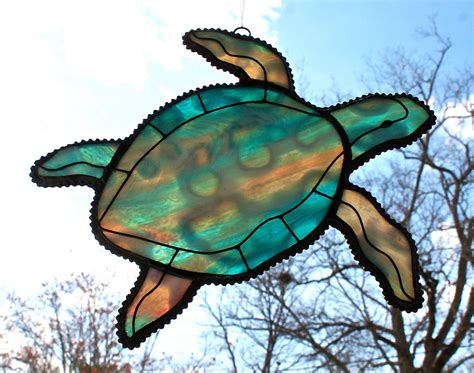 stained glass sea turtle suncatcher peacock blue gold pink