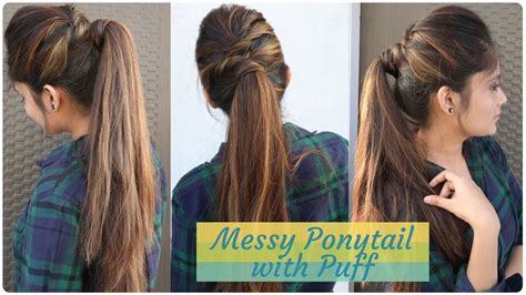 messy ponytail  puff hairstyle diy easy hairstyle