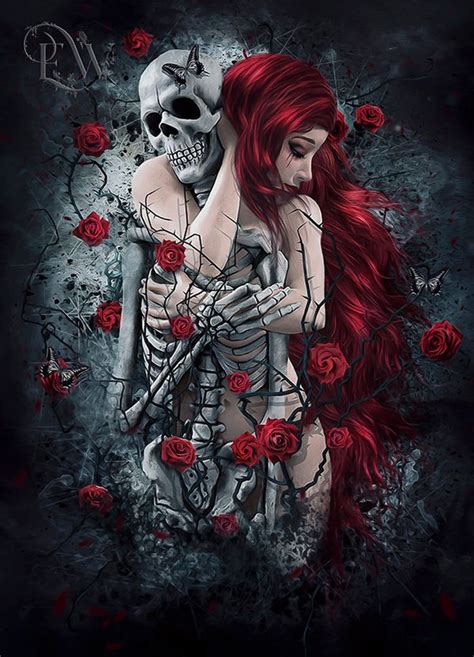 Gothic Red Haired Woman With Skull Skeleton And Red Roses Art Etsy