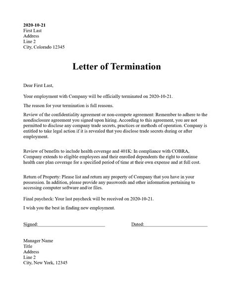 termination  employment letter template