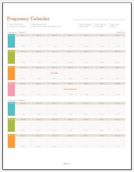 pregnancy calendar by weeks for excel download template