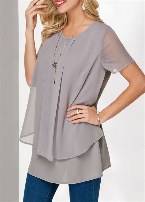 short sleeve light grey layered chiffon blouse  images chiffon