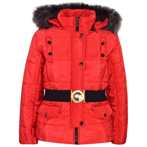kids girls puffer jacket red faux fur hooded padded zipped belted top warm coats ebay