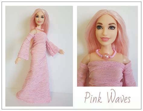 Curvy Barbie Fashionistas Doll Clothes Pink Waves Gown And Necklace