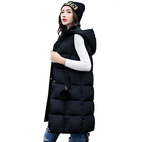 autumn winter  women long vest hairball hooded slim warm vest sleeveless padded jackets warm