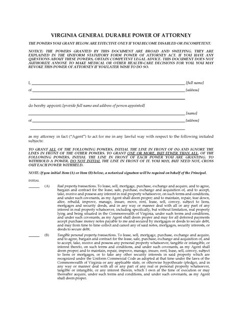 virginia general durable springing power  attorney legal forms