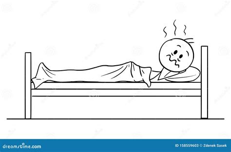 Vector Cartoon Illustration Of Tired Man With Insomnia Lying In Bed And