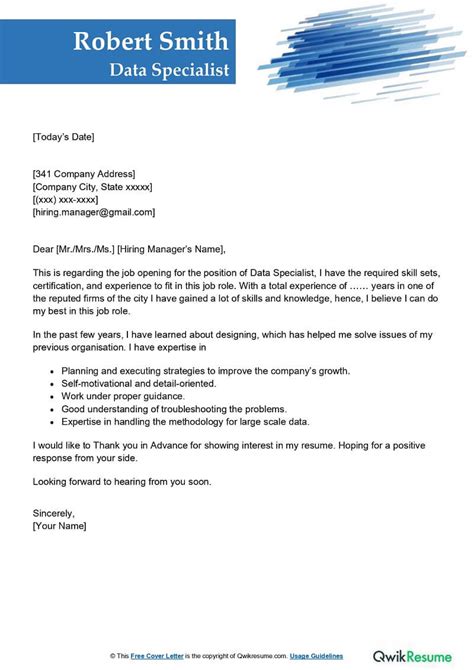 data specialist cover letter examples qwikresume