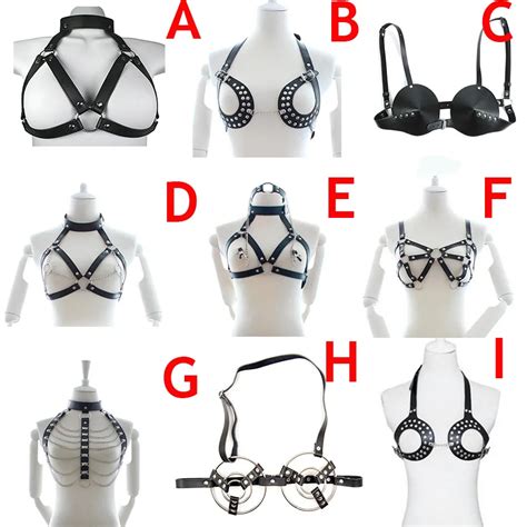 women leather chain lingerie open bust body harness breast string bra