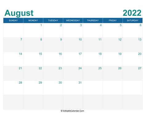 august  editable calendar  holidays