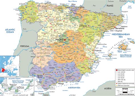 large detailed political  administrative map  spain   roads cities  airports