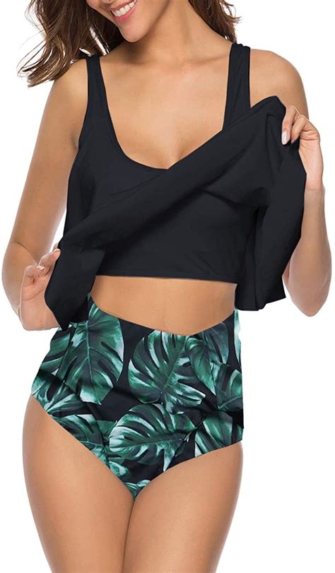 I2crazy Women High Waisted Swimsuit Two Piece Ruffled 09black Leaf