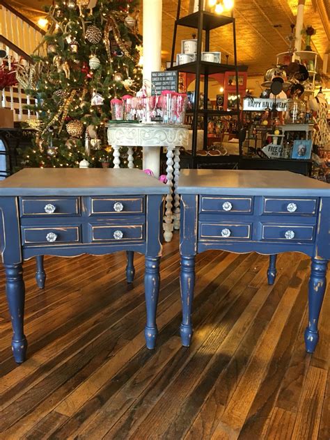 navy blue distressed  tables   gray stained top distressed