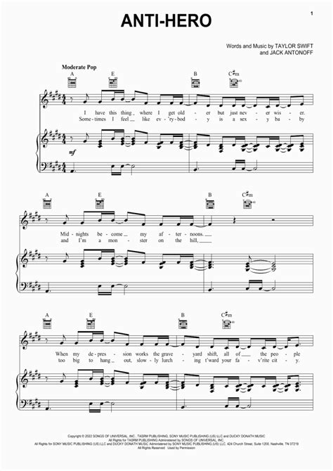 anti hero piano sheet  onlinepianist