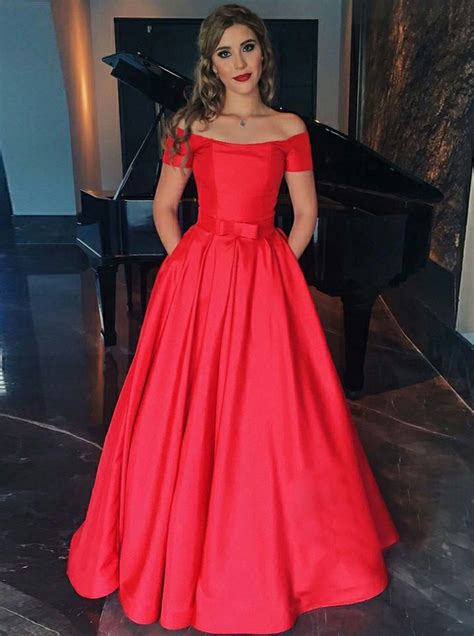 a line off the shoulder short sleeves red satin prom dress with pockets